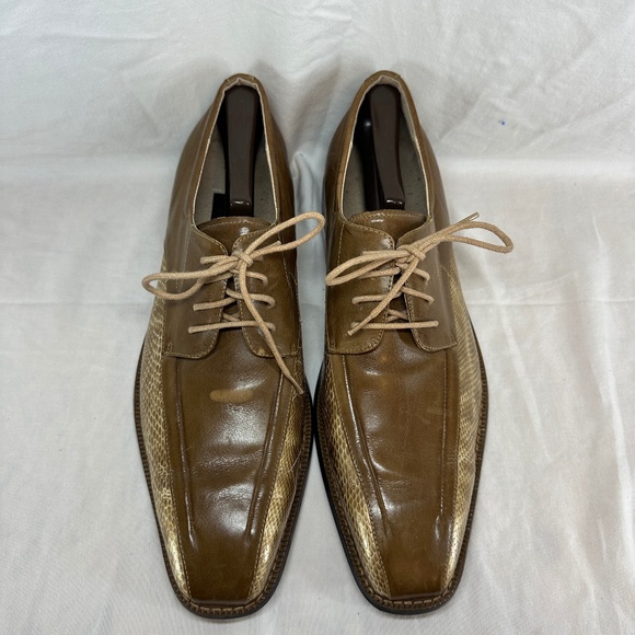 Stacy Adams Shoes Mens Size 10.5 Brown Gold Snake Embossed Derby Dress 24176-20 - Picture 1 of 16
